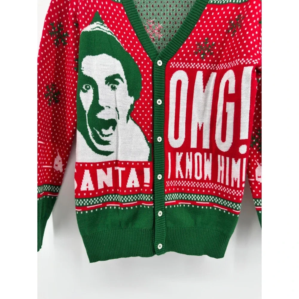 Elf Movie Buddy The Elf Santa I Know Him Christmas Cardigan Sweater Red Green S